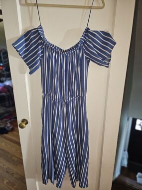 Ambiance Blue & White Striped Off-Shoulder Cropped Jumpsuit Size Small